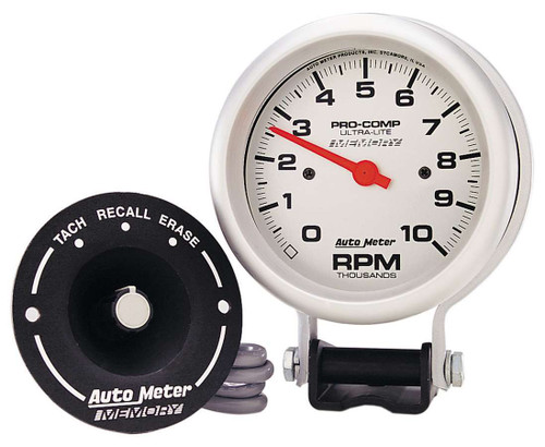 Tachometer - Ultra-Lite - 10000 RPM - Electric - Analog - 3-3/4 in Diameter - Pedestal Mount - Memory - Silver Face - Each