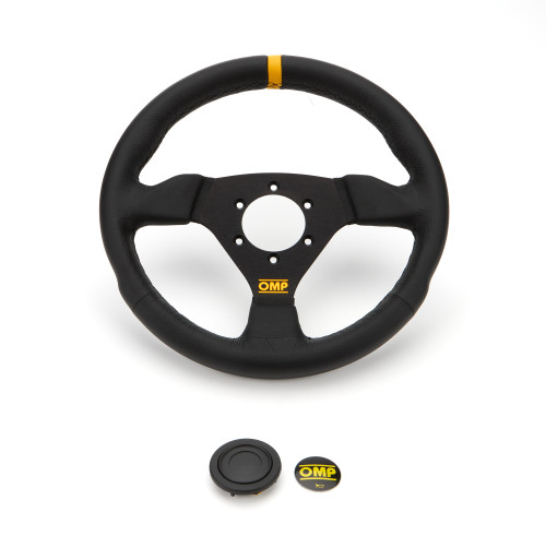 Steering Wheel - Trecento Liscio - 300 mm - Flat - 3-Spoke - Black Leather Grip - Yellow Stripe - Aluminum - Black Anodized - Each