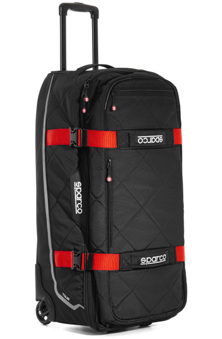 Gear Bag - Tour - 33 in Long x 15 in Wide x 16 in Deep - Roller Wheels - Zipper Closure - Retractable Handle - Sparco Logo - Red Straps - Polyester - Black - Each
