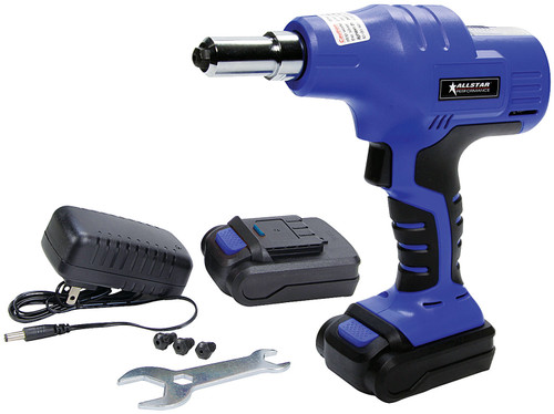 Rivet Gun - Electric - 1/8 to 3/16 in OD Rivets - Cordless - Batteries / Carry Case / Charger / Inserts / Wrench - Black / Blue - Each
