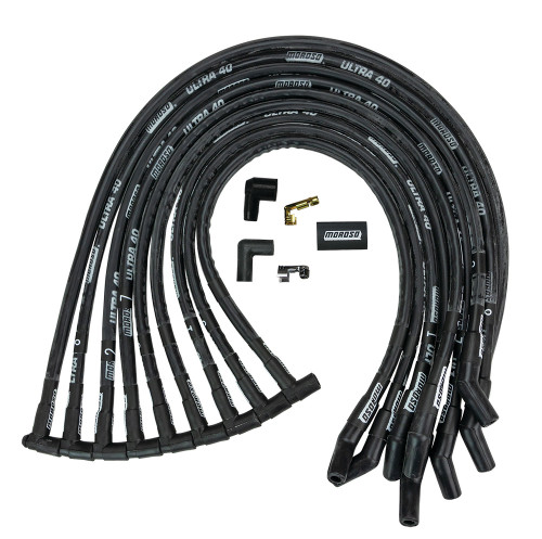 Spark Plug Wire Set - Ultra 40 - Spiral Core - 8.65 mm - Sleeved - Black - 135 Degree Plug Boots - HEI Style Terminal - Small Block Ford - Kit
