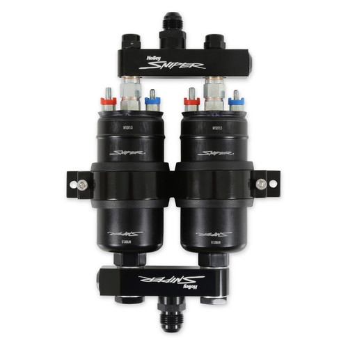 Fuel Pump - Sniper - Electric - Dual Pump - In-Line - 3.5 gpm - 10 AN O-Ring Male Inlet - 8 AN O-Ring Male Outlet - Bracket Included - Aluminum - Black Anodized - Gas / E85 - Each