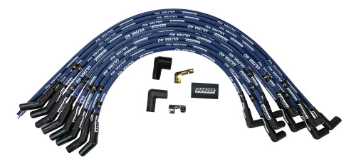 Spark Plug Wire Set - Ultra 40 - Spiral Core - 8.65 mm - Sleeved - Blue - 135 Degree Plug Boots - HEI Style Terminal - Big Block Ford - Kit
