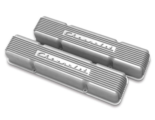 Valve Cover - Vintage Series - Tall - Finned - Chevy Logo - Aluminum - Natural - Small Block Chevy - Pair