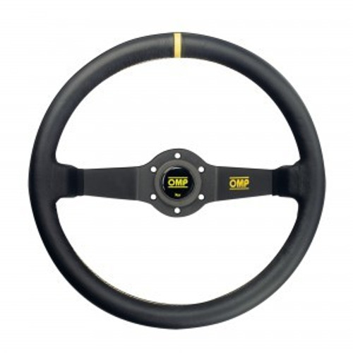 Steering Wheel - Rally Liscio - 350 mm Diameter - 95 mm Dish - 2-Spoke - Black Leather Grip - Yellow Stripe - Aluminum - Black Anodized - Each