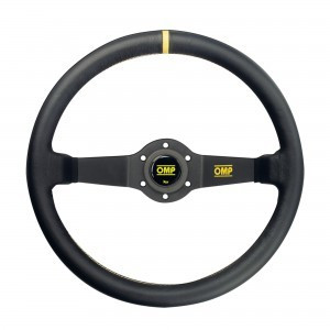 Steering Wheel - Rally Liscio - 350 mm Diameter - 95 mm Dish - 2-Spoke - Black Leather Grip - Yellow Stripe - Aluminum - Black Anodized - Each