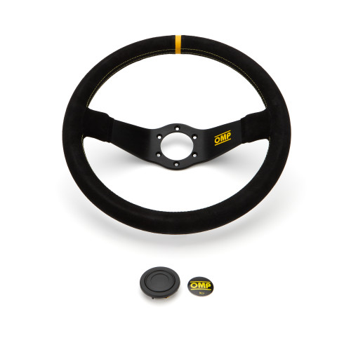 Steering Wheel - Rally Scamociato - 350 mm Diameter - 95 mm Dish - 2-Spoke - Black Suede Grip - Yellow Stripe - Aluminum - Black Anodized - Each