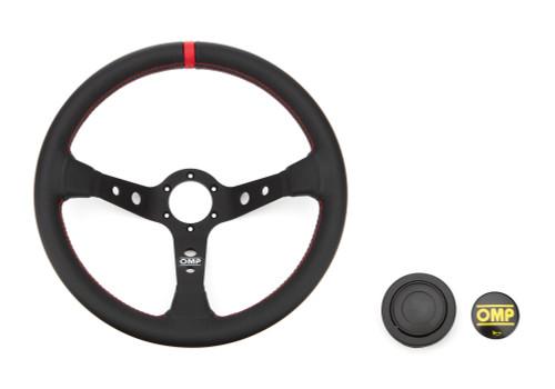 Steering Wheel - Corsica Liscio - 350 mm Diameter - 95 mm Dish - 3-Spoke - Black Leather Grip - Red Stripe - Aluminum - Black Anodized - Each