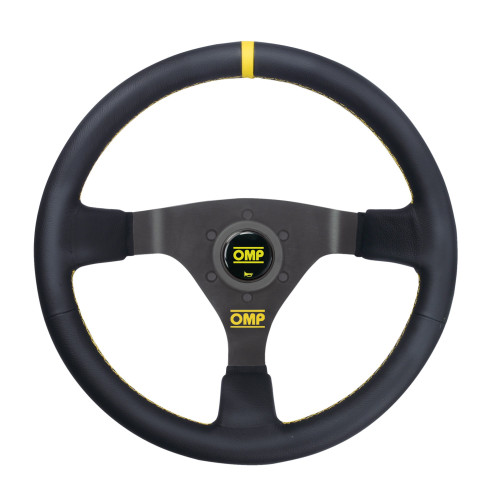 Steering Wheel - WRC - 350 mm Diameter - 65 mm Dish - 3-Spoke - Black Leather Grip - Yellow Stripe - Aluminum - Black Anodized - Each