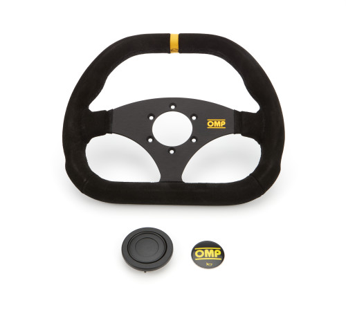 Steering Wheel - Kubik - 310 x 265 mm Diameter - Flat - 3-Spoke - Black Suede Grip - Yellow Stripe - Aluminum - Black Anodized - Each