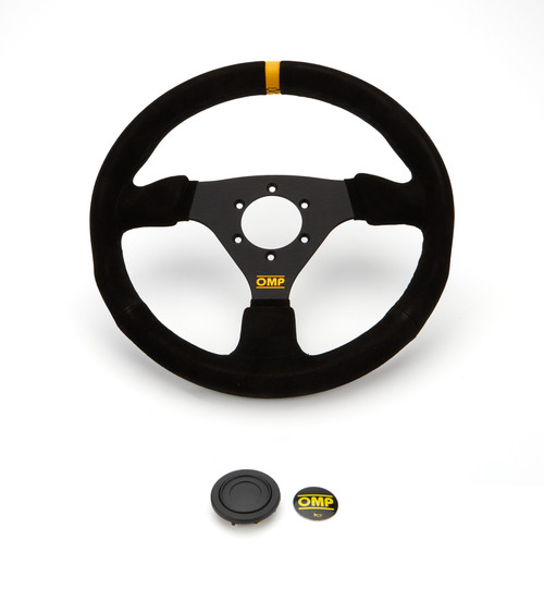 Steering Wheel - Targa 330 - 330 mm Diameter - Flat - 3-Spoke - Black Suede Grip - Yellow Stripe - Aluminum - Black Anodized - Each