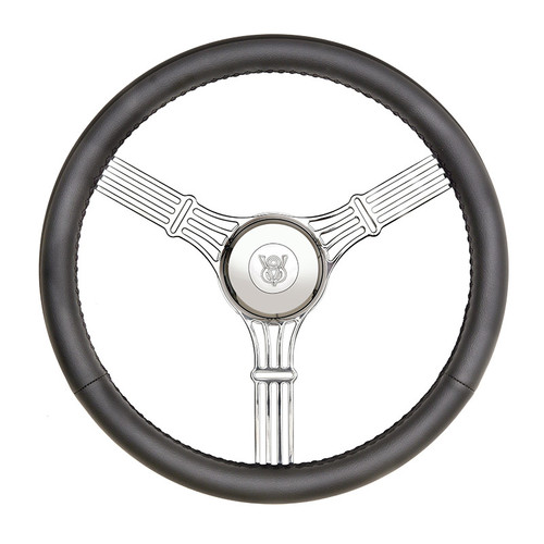Steering Wheel - GT3 Retro Gasser - 15 in Diameter - Flat - 3-Spoke - Black Leather Finger Notch Grip - Aluminum - Polished - Each Steering Wheel - GT3 Retro Gasser - 15 in Diameter - Flat - 3-Spoke - Black Leather Finger Notch Grip - Aluminum - Polished - Each