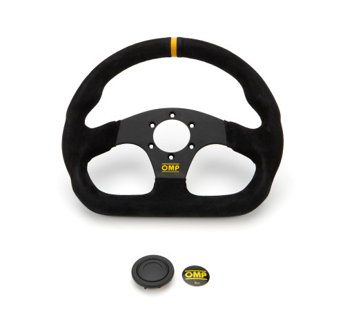 Steering Wheel - Super Quadro - 320 mm Diameter - Flat - 3-Spoke - Black Suede Grip - Yellow Stripe - Aluminum - Black Anodized - Each