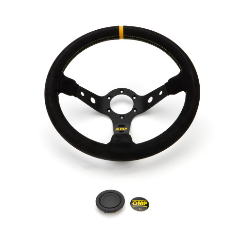 Steering Wheel - Corsica 330 - 330 mm Diameter - 95 mm Dish - 3-Spoke - Black Suede Grip - Yellow Stripe - Aluminum - Black Anodized - Each