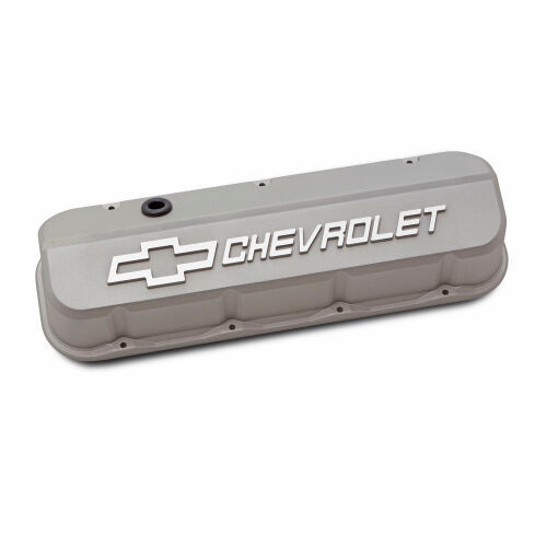 Valve Cover - Slant-Edge - Tall - Baffled - Breather Hole - Raised Chevrolet Logo - Aluminum - Gray Crinkle Powder Coat - Big Block Chevy - Pair