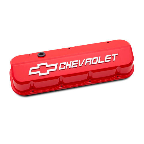 Valve Cover - Slant-Edge - Tall - Baffled - Breather Hole - Raised Chevrolet Logo - Aluminum - Red Paint - Big Block Chevy - Pair