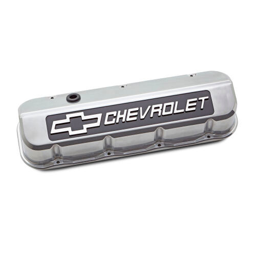 Valve Cover - Slant-Edge - Tall - Baffled - Breather Hole - Blackfield Chevrolet Logo - Aluminum - Polished - Big Block Chevy - Pair