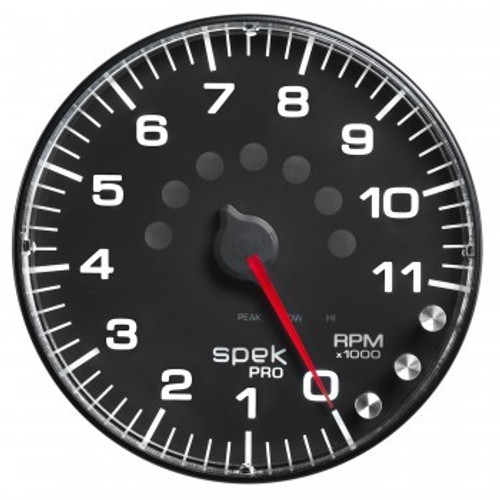 Tachometer - Spek Pro - 11000 RPM - Electric - Analog - 5 in Diameter - Dash Mount - Shift Light - Peak Recall - Black Face - Each Tachometer - Spek Pro - 11000 RPM - Electric - Analog - 5 in Diameter - Dash Mount - Shift Light - Peak Recall - Black Face - Each