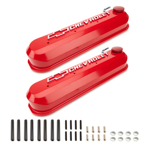 Valve Cover - LS Slant-Edge - Tall - Baffled - PCV Tube - Raised Chevrolet Bowtie Logo - Hardware Included - Aluminum - Red Paint - GM LS-Series - Pair