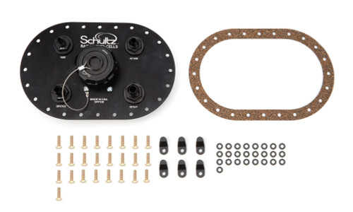 Fuel Cell Filler Plate - Twist-On Cap - Straight Neck - 24-Bolt Flange - 10 AN Outlet - 8 AN Return - 6 AN Vent - Aluminum - Black Anodized - Kit Fuel Cell Filler Plate - Twist-On Cap - Straight Neck - 24-Bolt Flange - 10 AN Outlet - 8 AN Return - 6 AN Vent - Aluminum - Black Anodized - Kit
