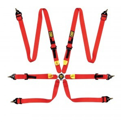 Harness - First 2 - 6 Point - Camlock - FIA Approved - Pull Down Adjust - Clip-In / Wrap Around - Individual Harness - Red - Kit