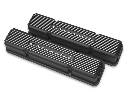 Valve Cover - Vintage Series - Tall - Finned - Chevy Logo - Aluminum - Satin Black - Small Block Chevy - Pair