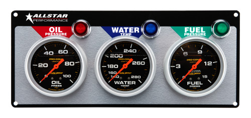 Gauge Panel Assembly - Auto Meter Pro-Comp - Fuel Pressure / Oil Pressure / Water Temperature - 2-5/8 in Diameter - Black Face - Warning Light - Kit