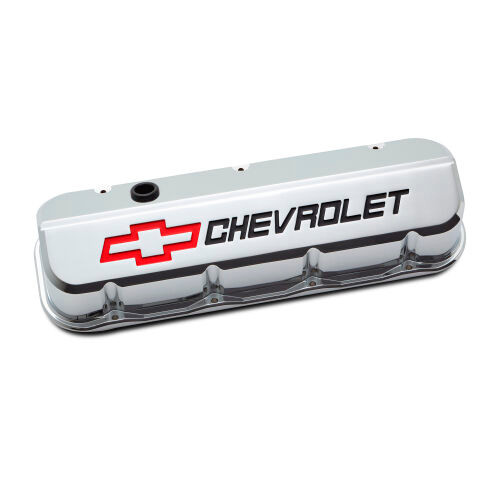 Valve Cover - Slant-Edge - Tall - Baffled - Breather Hole - Recessed Chevrolet Logo - Aluminum - Chrome - Big Block Chevy - Pair