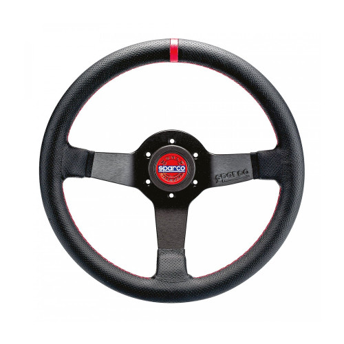 Steering Wheel - Champion - 330 mm Diameter - 66 mm Dish - 3-Spoke - Black Leather Grip - Red Stripe - Aluminum - Black Anodized - Each
