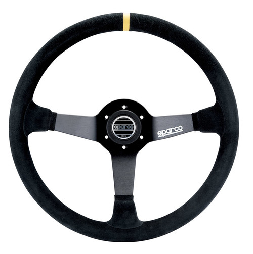 Steering Wheel - R345 - 350 mm Diameter - 63 mm Dish - 3-Spoke - Black Suede Grip - Yellow Stripe - Aluminum - Black Anodized - Each