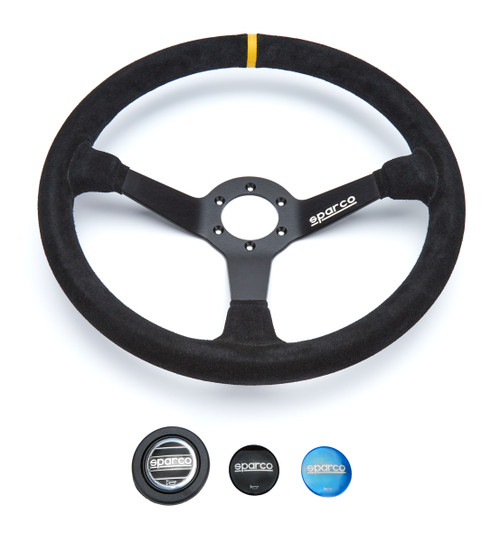 Steering Wheel - R 386 - 380 mm Diameter - 65 mm Dish - 3-Spoke - Black Suede Grip - Yellow Stripe - Aluminum - Black Anodized - Each