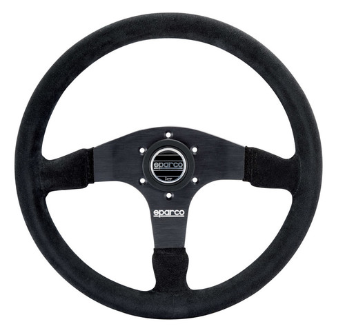Steering Wheel - R375 - 350 mm Diameter - 36 mm Dish - 3-Spoke - Black Suede Grip - Aluminum - Black Anodized - Each