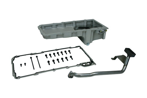 Engine Oil Pan Kit - Rear Sump - 6 qt - 5-3/4 in Deep - Gasket / Hardware / Pickup Included - Aluminum - Natural - GM LS-Series - Kit