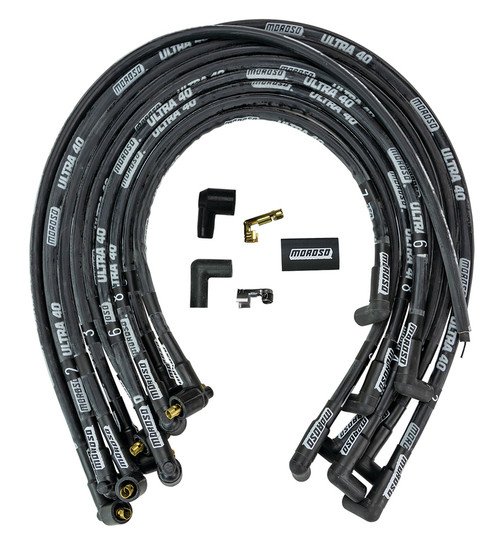 Spark Plug Wire Set - Ultra 40 - Spiral Core - 8.65 mm - Sleeved - Black - 90 Degree Plug Boots - Socket Style - Under Header - Big Block Chevy - Kit