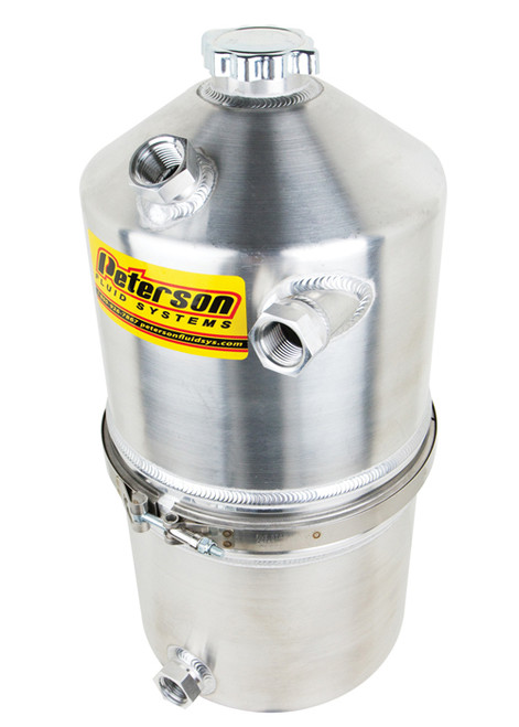 Oil Tank - Dry Sump - 20 qt - 22 in Tall - 9 in OD - 12 AN Female O-Ring Inlet - 12 AN Female O-Ring Outlet - 12 AN O-Ring Breather Port - Aluminum - Natural - Each