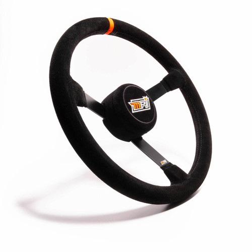 Steering Wheel - Lightweight - 14 in Diameter - 3 in Dish - 3-Spoke - Black Suede Grip - Orange Stripe - Steel - Black Powder Coat - Each Steering Wheel - Lightweight - 14 in Diameter - 3 in Dish - 3-Spoke - Black Suede Grip - Orange Stripe - Steel - Black Powder Coat - Each