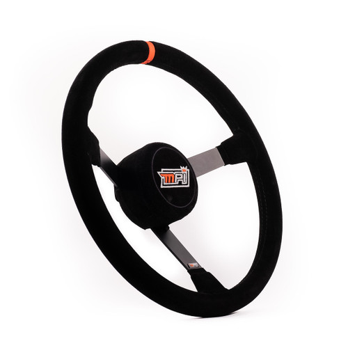 Steering Wheel - Lightweight - 14 in Diameter - 3 in Dish - 3-Spoke - Black Suede Grip - Orange Stripe - Thumb Insert - Steel - Black Powder Coat - Each