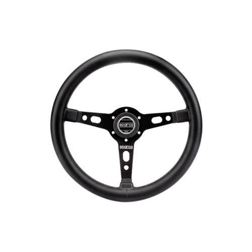 Steering Wheel - Targa 350 - 350 mm Diameter - 65 mm Dish - 3-Spoke - Black Leather Grip - Aluminum - Black Anodized - Each