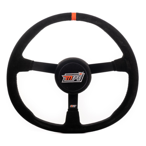 Steering Wheel - Asphalt Circle Track - 14 in Diameter - 3 in Dish - 3-Spoke - Black Suede Grip - Orange Stripe - Thumb Insert - Steel - Black Powder Coat - Each