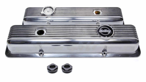 Valve Cover - Muscle Series - Stock Height - Baffled - Finned - Holley Logo - Aluminum - Polished - Small Block Chevy - Kit