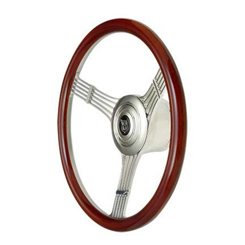 Steering Wheel - GT9 Retro - 15-1/2 in Diameter - 1-3/4 in Dish - 3-Spoke - Wood Finger Notch Grip - Aluminum - Polished - Each