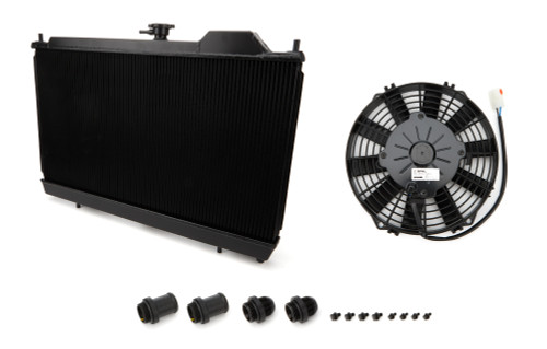 Radiator - 27 in W x 14-3/4 in H x 1-1/4 in D - Single Pass - Driver Side Inlet - Driver Side Outlet - Fan / Shroud Included - Aluminum - Black Powder Coat - Mitsubishi Lancer 2003-06 - Each