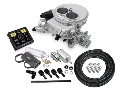 Fuel Injection - Sniper EFI - Master Kit - Throttle Body - Holley Flange - Fittings / Fuel Pressure Regulator / O2 Sensor / Programmer Included - Aluminum - Silver - Kit