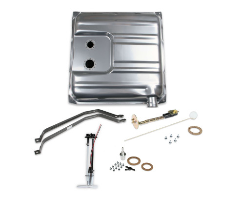 Fuel Tank - Sniper EFI - 15-1/2 gal - 255 lph Pump - 1/4 in NPT Outlet - 1/4 in NPT Return - Sending Unit - Steel - Silver Powder Coat - Chevy Fullsize Car 1955-56 - Kit