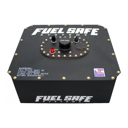 Fuel Cell and Can - Race Safe - 8 gal - 20-3/4 x 16 x 7-3/4 in Tall - 6 AN Male Outlet / Return - 8 AN Male Vent - Foam - Steel - Black Powder Coat - Each