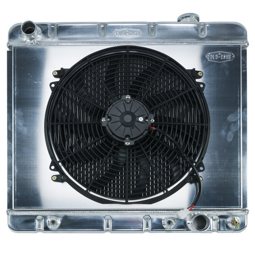 Radiator and Fan - 24.500 in W x 22.500 in H x 3 in D - Driver Side Inlet - Passenger Side Outlet - Aluminum - Polished - Automatic - GM Fullsize Truck 1963-66 - Kit