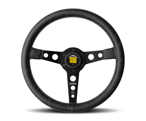 Steering Wheel - Prototipo Heritage - 350 mm Diameter - 39 mm Dish - 3-Spoke - Black Leather Grip - Aluminum - Black Anodized - Each