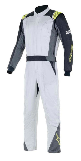 Driving Suit - Atom - 1-Piece - SFI 3.2A/5 - Boot-Cut - Dual Layer - Fire Retardant Fabric - Silver / Fluorescent Yellow - Size 44 - X-Small - Each
