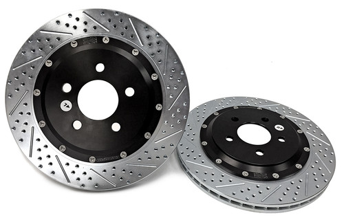 Brake Rotor - EradiSpeed + - Rear - Directional / Drilled / Slotted - 13.000 in OD - 2-Piece - Iron - Zinc Plated - Ford Mustang 2015-16 - Pair