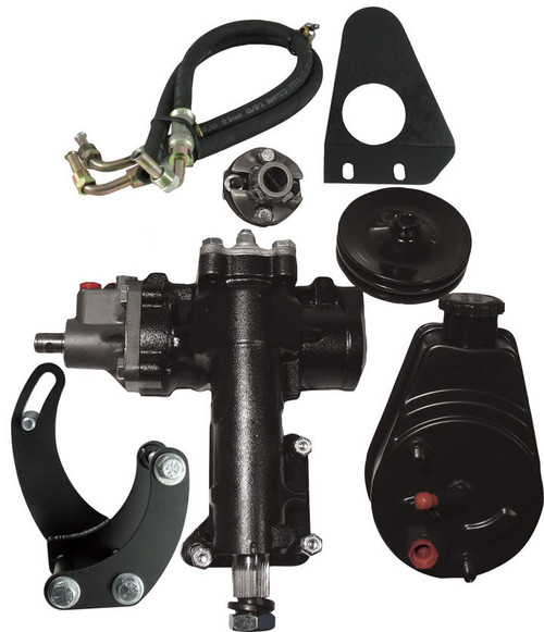 Steering Box - Power - 14 to 1 Ratio - Brackets / Joints / Lines / Pulley / Pump - Iron - Short Water Pump - Small Block Chevy - Chevy Fullsize Car 1955-57 - Kit